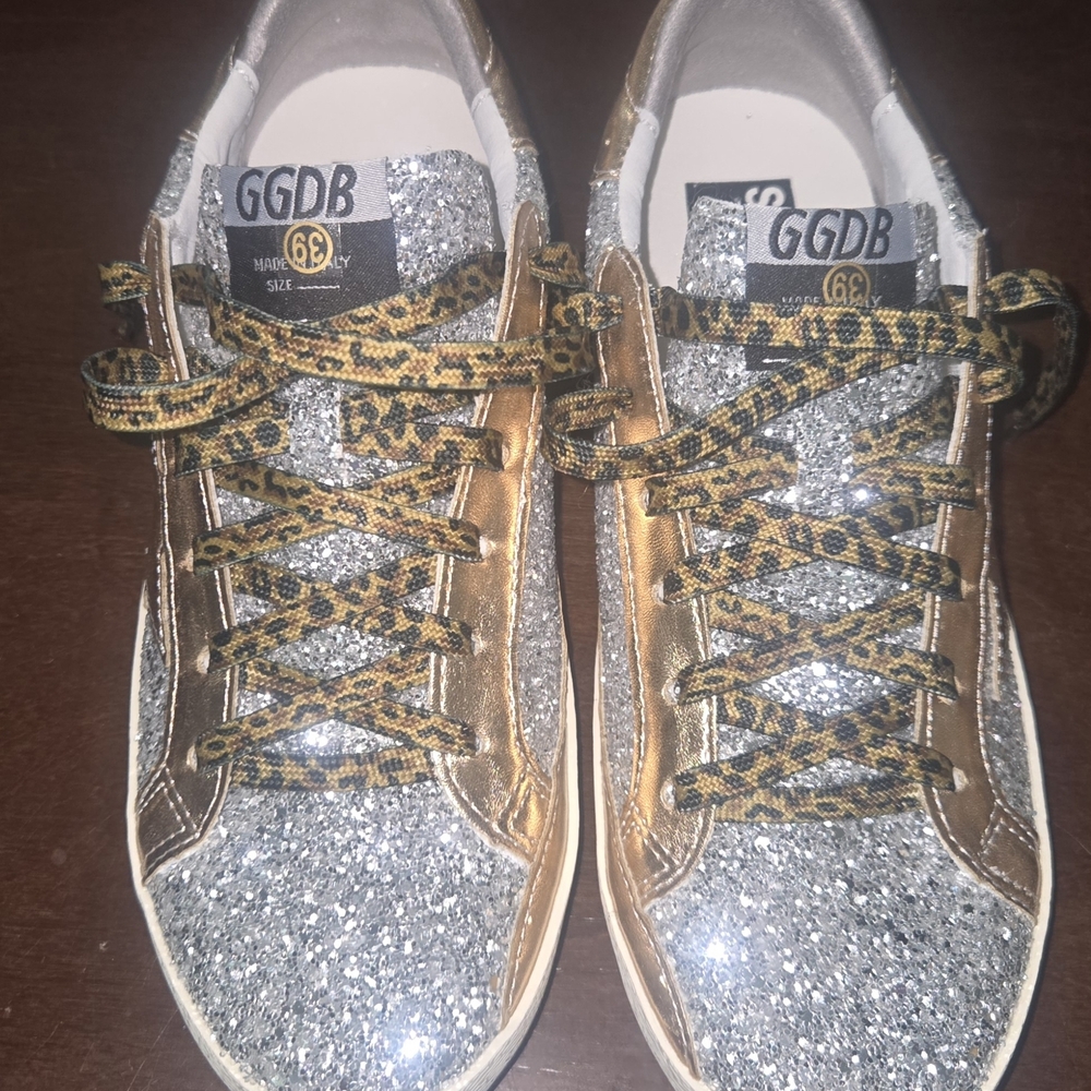 Golden Goose Silver Glitter Sneakers with Gold Panels and Leopard Laces